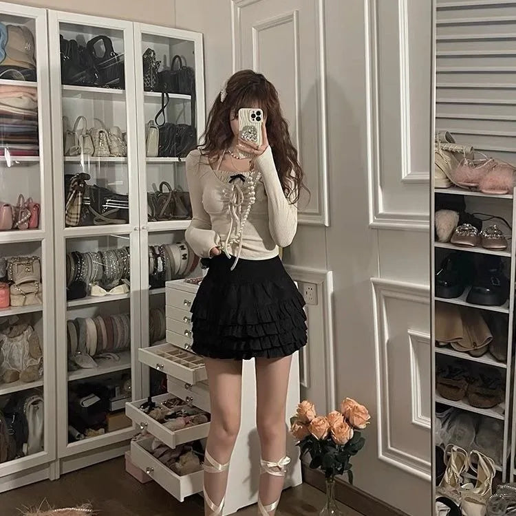 Kawaii Sweet Y2k Crop Tops Woman Slim Long Sleeve Blouse Korean Bodycon Pullover Office Lady