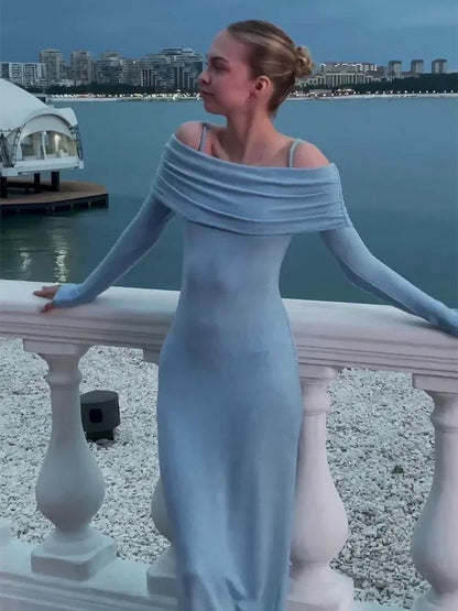 Off Shoulder Long Dress Bodycon Full Sleeves Party Dresses Summer Autumn Slim Lady Robes