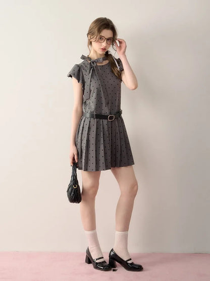 Kawaii Grey Dot Pleat Mini Dress for Bow Lace Up Puff Sleeve Birthday Dress Girl Summer Dress