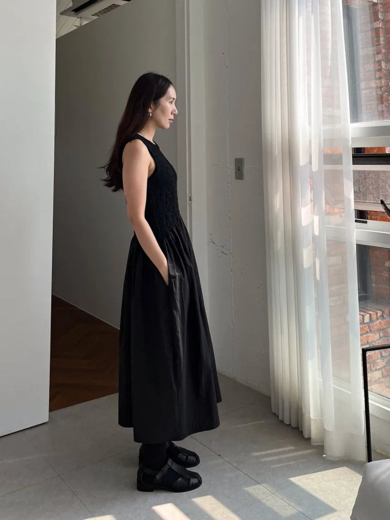 Long Dress Korean Summer Design Round Neck Pleated Texture Slim Fit Sleeveless Vest Vestidos