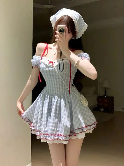 Japanese Kawaii Sweet Short Party Dress Sleeve Y2k Plaid Mini Dress Female Lolita Clothing Outfits