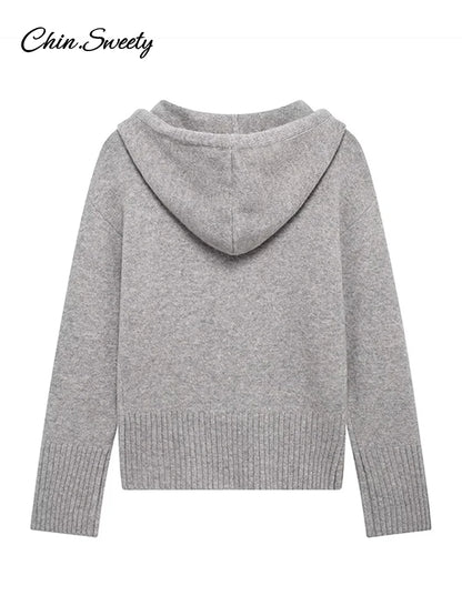 Hooded Cardigans Gray Long Sleeve Soft Zipper Ribbed Sweater Female Spring Simple Slim-fit Top New