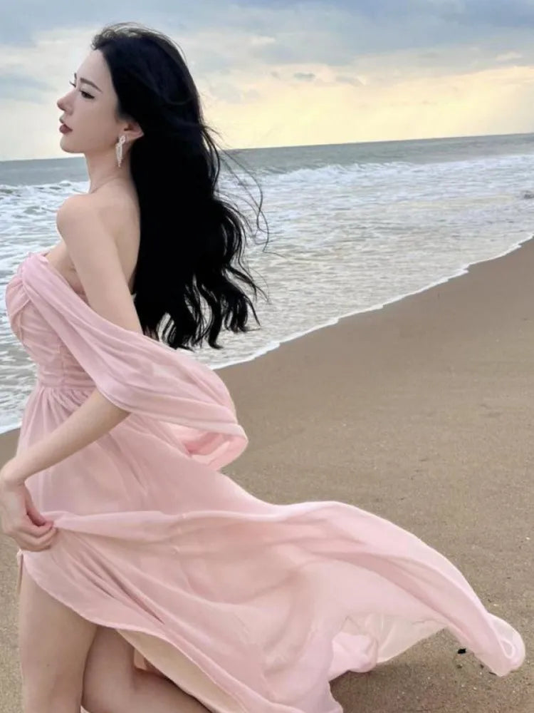 Summer Pink Pleated High Waist Split Long Dress Backless Halter Strapless Fairy Dress Female Vestido