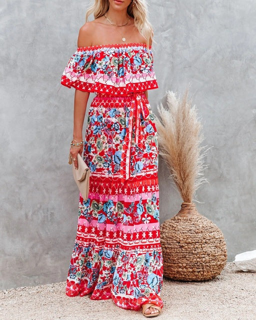 Flower Print Off Shoulder Long Dresses for Spring Summer New Temperament High Waist Leace-up Dress Female Vestidos