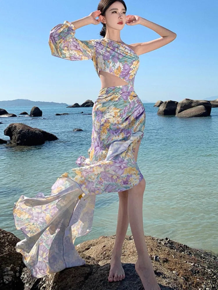 Purple Print Club Slanted One Shoulder Slim Ruffles Long Dress Summer Long Sleeve Party Evening Dress
