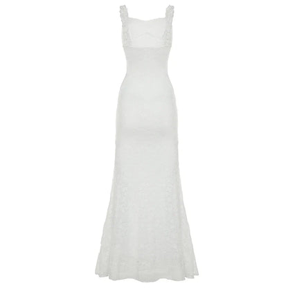 Floor-length Fishtail Dress White Lace Sleeveless Bodycon Maxi Dress Summer Clubwear