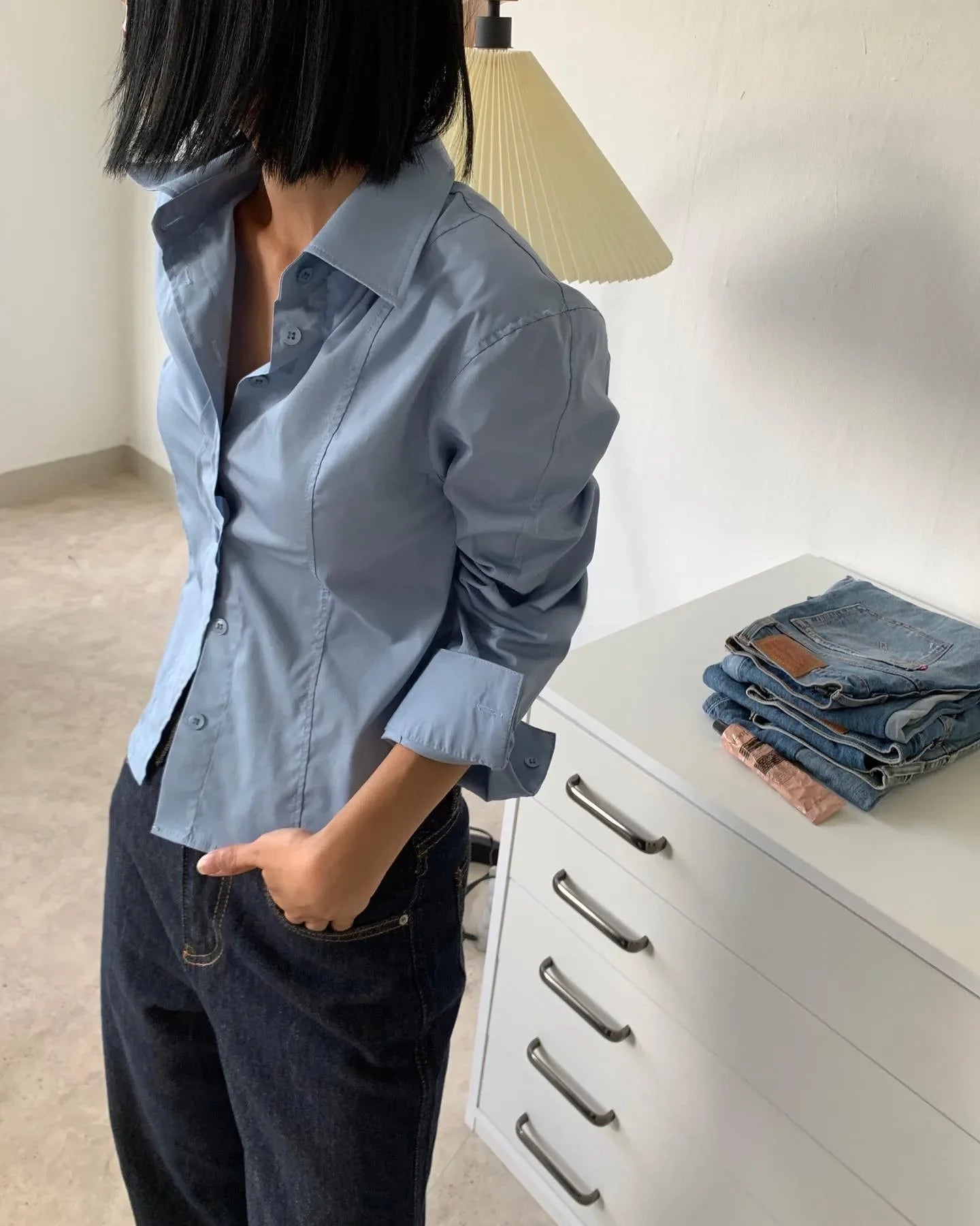 Shirts Autumn Long Sleeve Polo Neck Blouse Pattern Embroidery White Blue Tops
