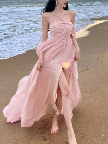 Summer Pink Pleated High Waist Split Long Dress Backless Halter Strapless Fairy Dress Female Vestido