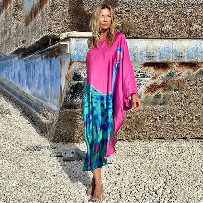 Color Butterfly Print One Shoulder Sleeve Dresses Off Shoulder Loose Beach Vacation Irregular Long Dress