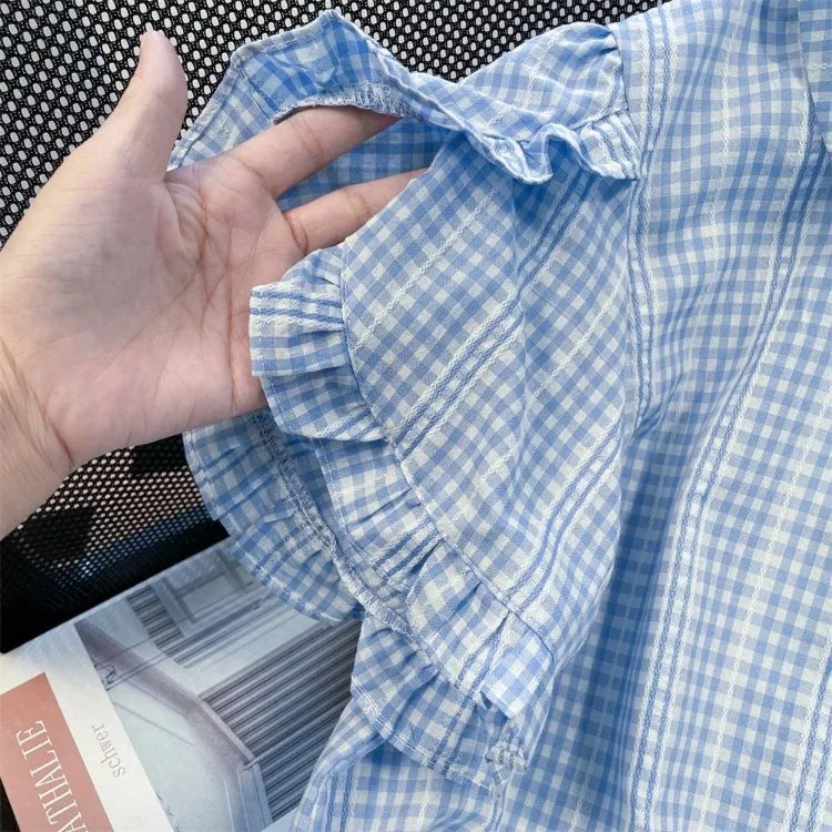 Harajuku Sweet Blue Plaid Shirts Summer Puff Sleeve Ruffles Blouses Y2k Grunge Single Breasted Blusas Mujer