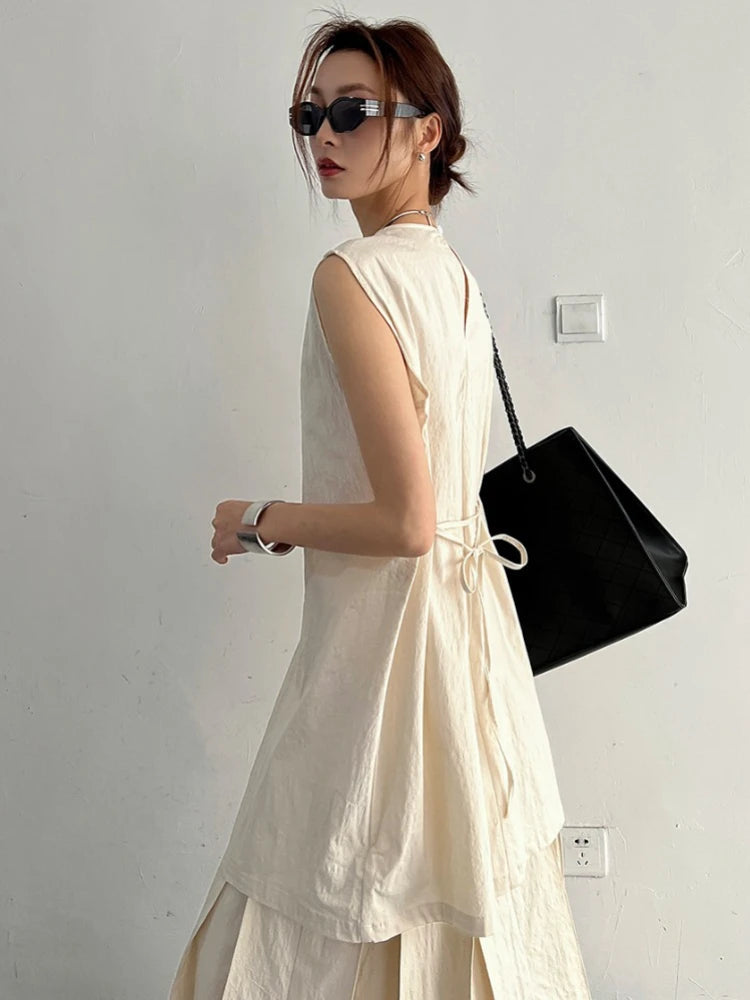 Split White Blouse Sleeveless Lace Up Loose Shirt Office Lady Summer Design Tops Mujer New