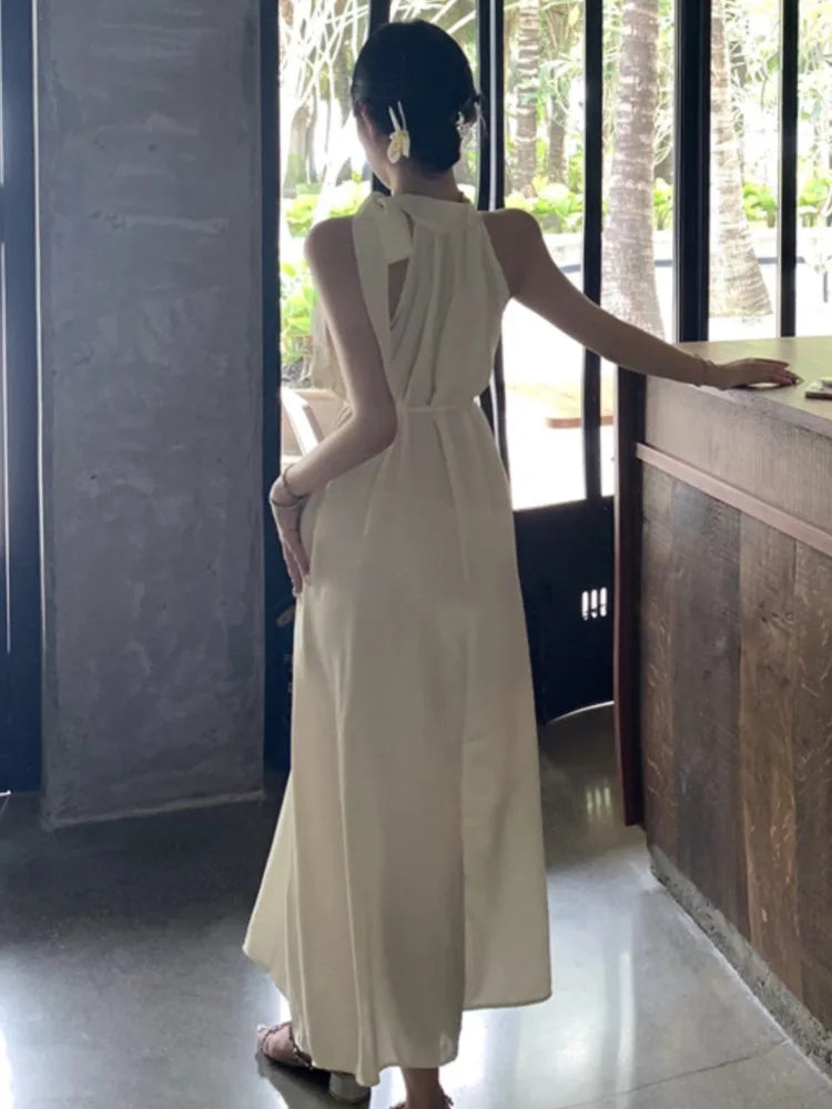 Summer Spring French Halter Dresses Off Shoulder Birthday Party Midi Dress Female Holiday Loose Vestidos