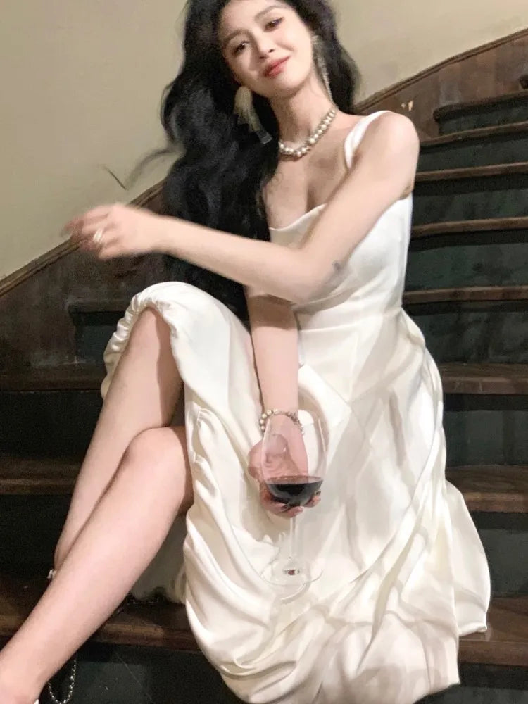 Satin Midi Dresses for Sleeveless Aline Summer Evening Party Dress French Prom Robe Vestido Mujer
