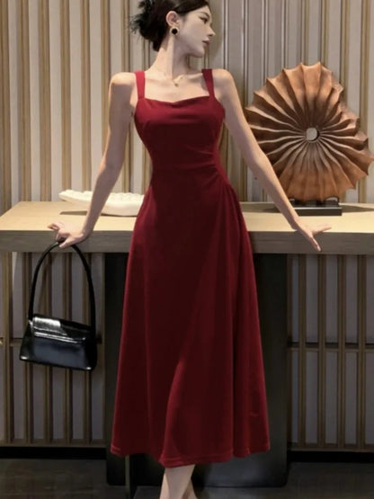 Summer Midi Dress Spaghetti Strap Square Collar High Waist Slim Evening Party Dresses Prom Robe Vestido New