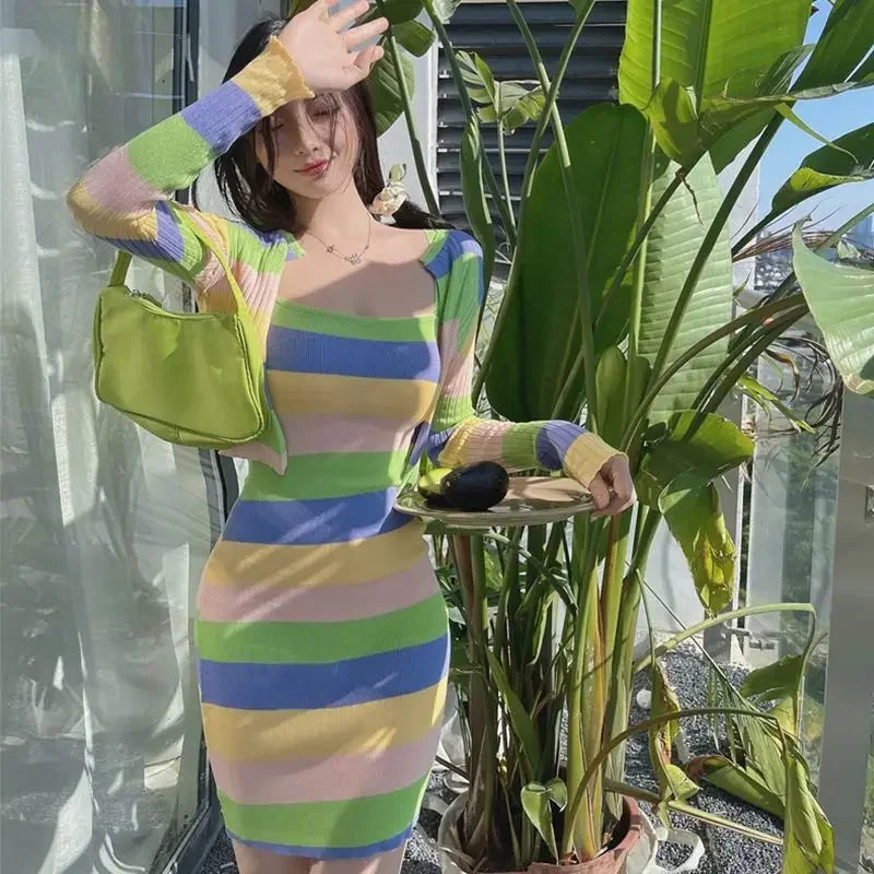 Sweet Hot Girl Suit Autumn and Winter Striped Slim Fit Wrap Hip Strap Dress Longsleeved Knitted Cardigan Twopiece Set