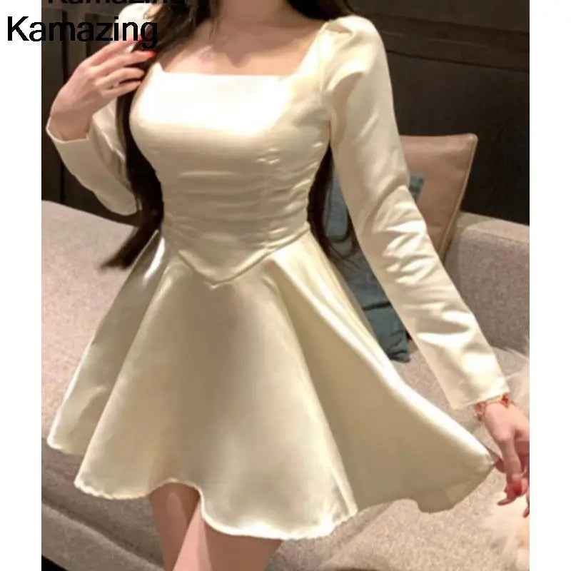 Satin Mini Dress Spring Summer Aline Party Evening Clothes Female Long Sleeve Vestidos New