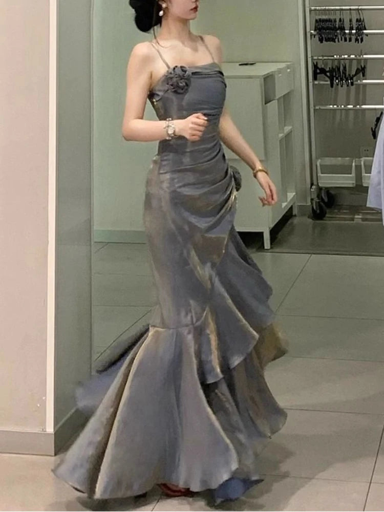 Korean Velvet Long Dress Slim Mermaid Spaghetti Strap Dress Evening Party Dress