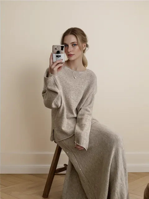 Soft Suits 2 Pieces Female Sets Slash Neck Sweater & Midi Dress Bling Knitted Tracksuit