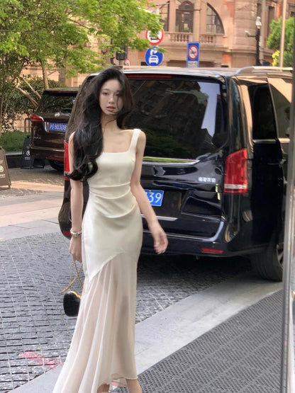 Party Prom Midi Dress Summer Irregular Mesh Straps Princess Vestidos Slim Ruched Mermaid Dress