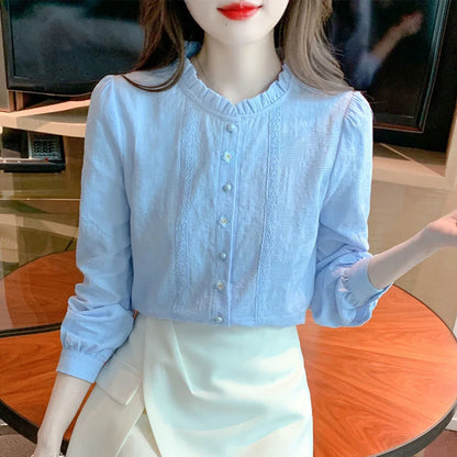 Embroidery Spring Autumn Blouses Shirts Lady Long Sleeve Stand Collar Color Blusas Tops Df4774