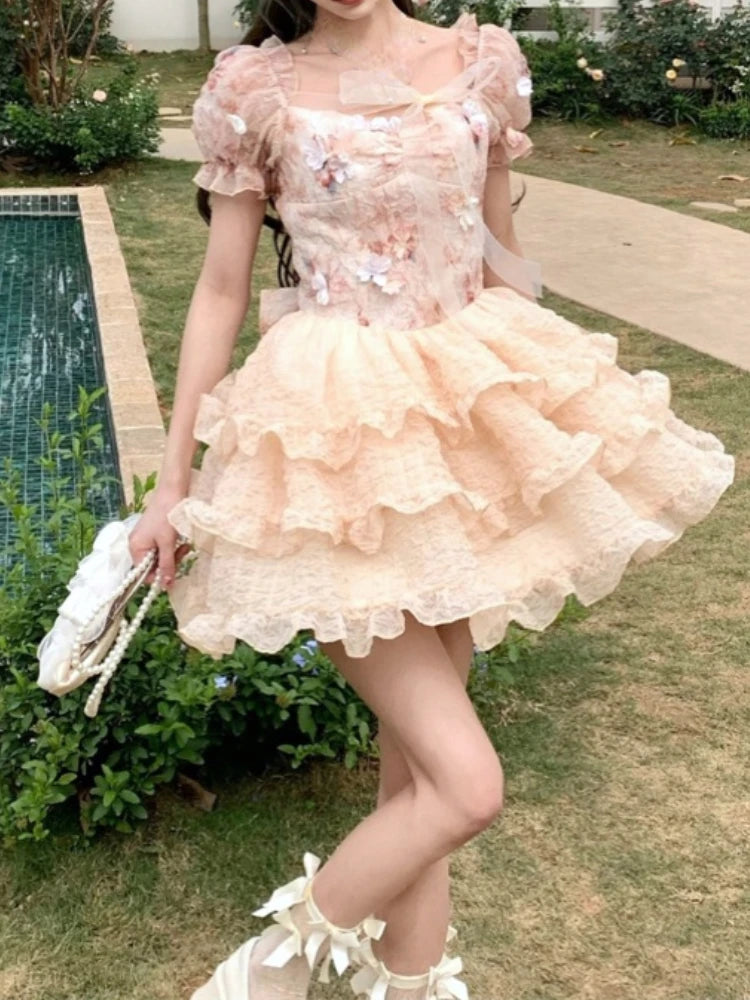 Lolita Kawaii Sweet Mini Dress Retro Lace Party Dress Summer Japanese Style One Piece Dress