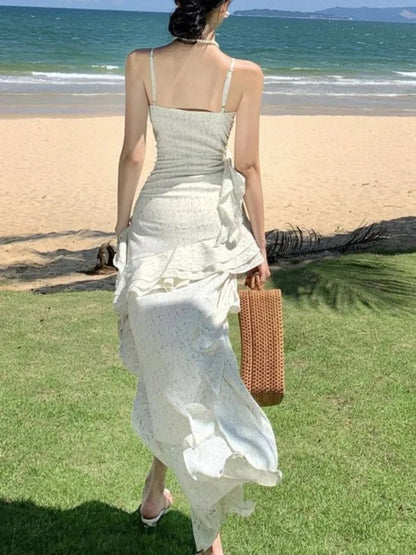 Summer Club Sling Print Slim Fairy Dress Irregular Layered Ruffles Backless Holiday Party Long Dress New