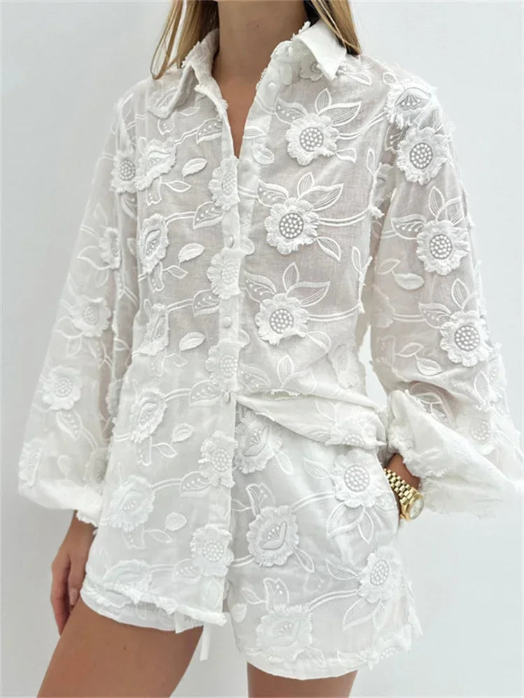 Printed See-through Outfits Female Patchwork Cardigan Shirts and Lace-up High Waist Shorts Sets Autumn 2 Piece-set
