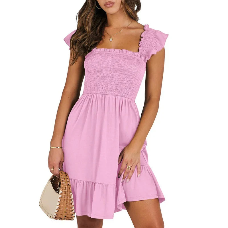 New Summer Mini Dress Sleeveless Backless Square Neck Smocked Ruffle Mini Dress Aline Swing Sundress