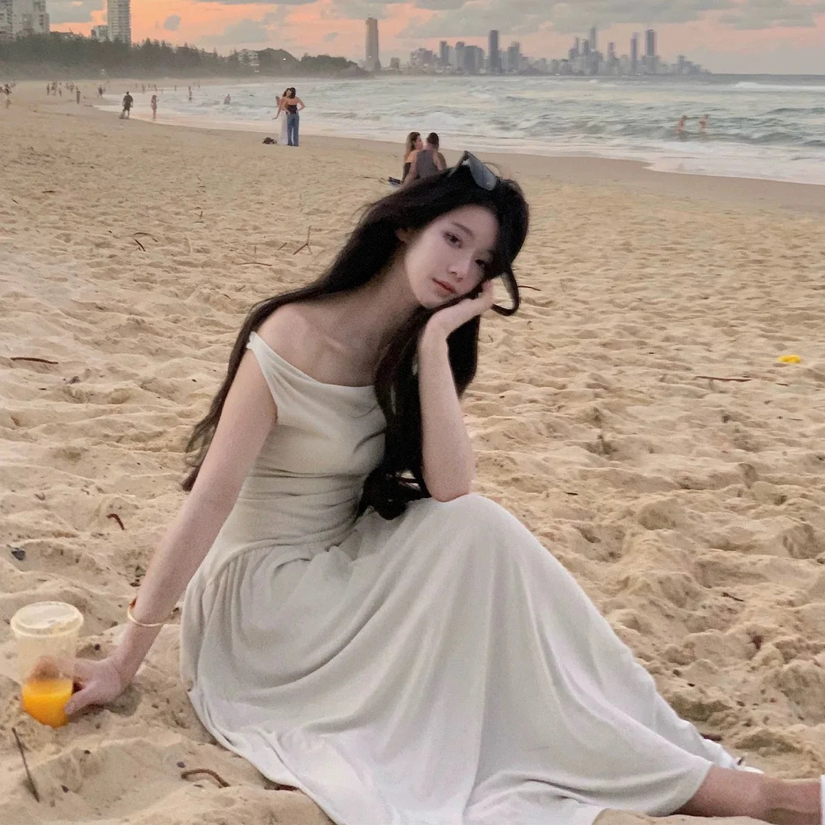 White Long Dresses Fairycore Slash Neck Inclined Shoulder Vestidos Summer Laceup Ruched Trumpet Dress
