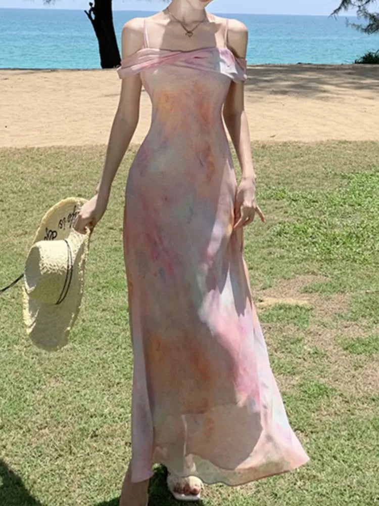 Summer Midi Dress Spaghetti Strap Beach Holiday Party Vestidos Female Clothes Robe New