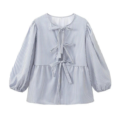 Summer Woman Bow Tied Lace Up Shirts Puff Short Sleeves Blouse Oneck Ruffle Color Tops