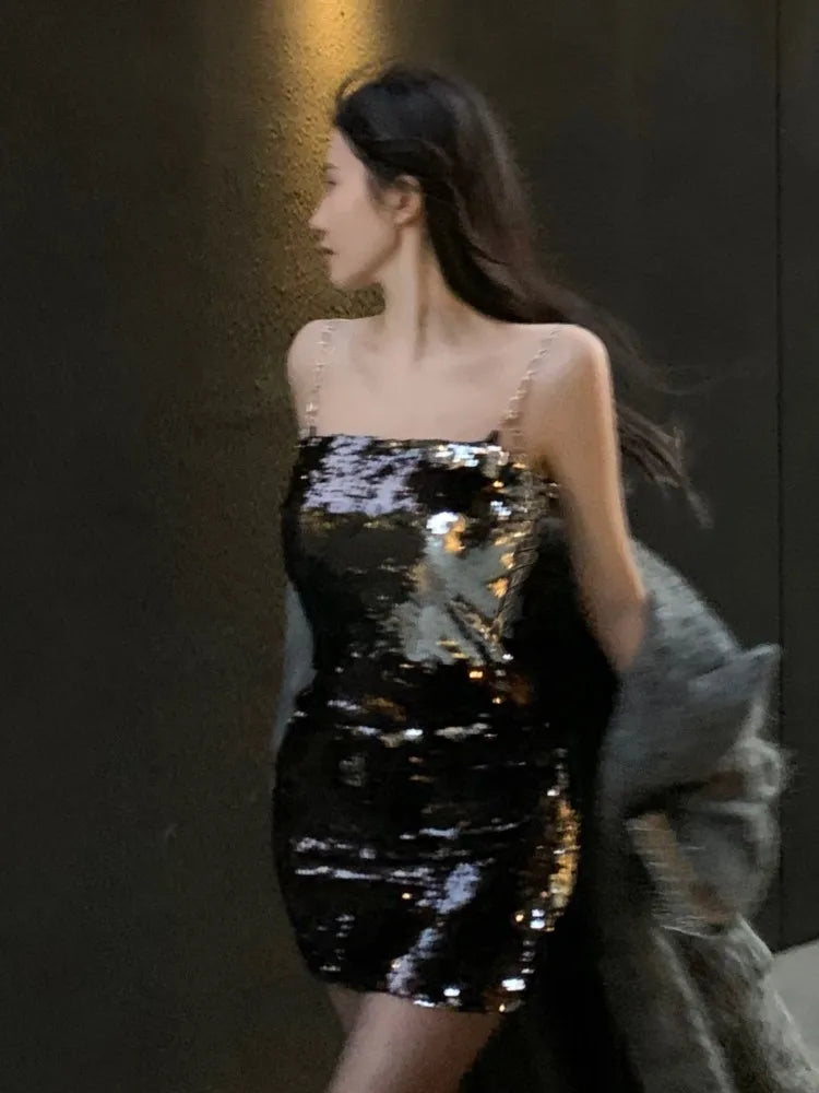 Mini Dress Autumn Winter Trend Sequins Spaghetti Strap Dresses Slim Hot Girl Evening Party Clothing