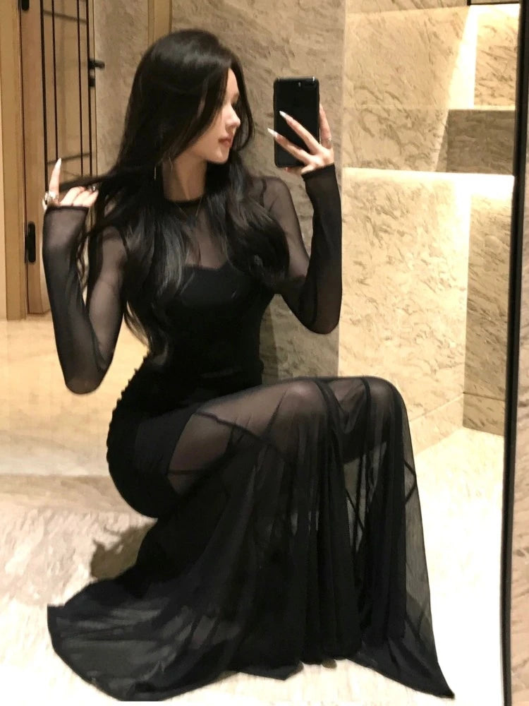 Mesh Maxi Dresses for Bodycon Long Sleeve Mermaid Evening Party Dress Prom Robe Black One Piece Vestidos Mujer New