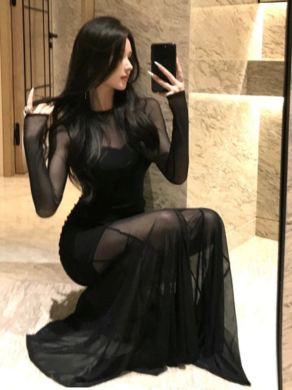 Mesh Maxi Dresses for Bodycon Long Sleeve Mermaid Evening Party Dress Prom Robe Black One Piece Vestidos Mujer New