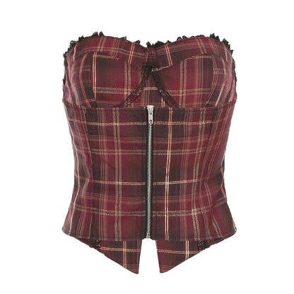 Christmas Red Plaid Lace Trim Bandage ��s Straps Tops Skinny Hotsweet Festive Atmosphere Blouses