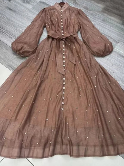 Long Dress British Style Beading Single Breasted Design Gentle Temperament Dresses Spring Autumn