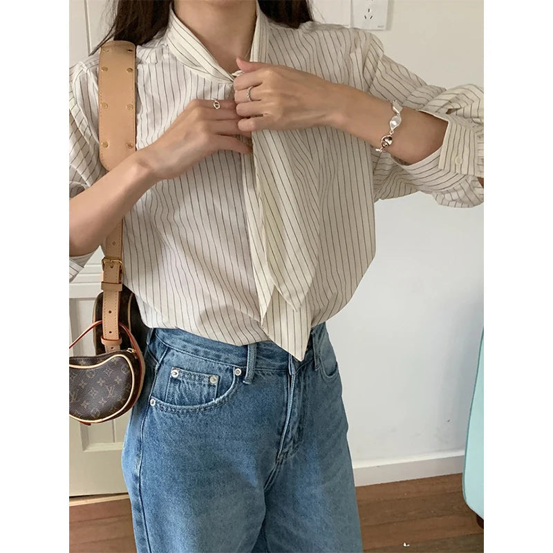 Striped Shirts Tie Long Sleeve Blouses Office Korean Single Breasted Design Tops