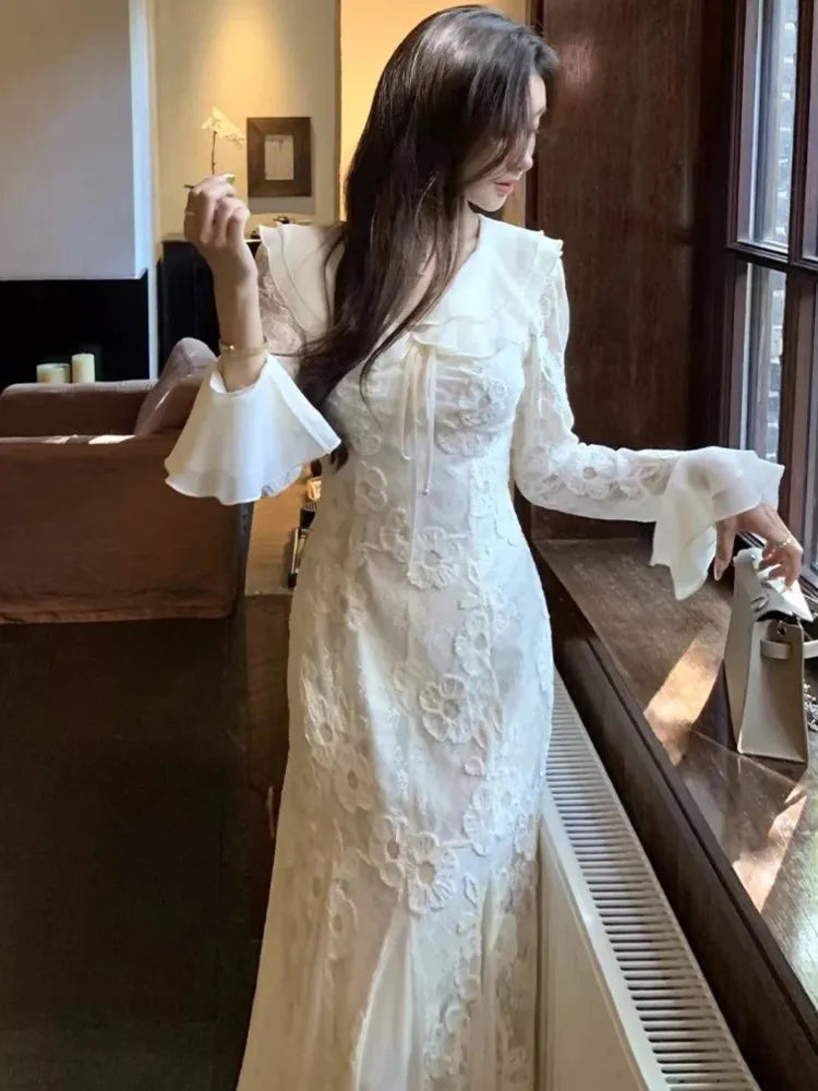 Party Dresses Woman Autumn Laceup Vneck Flare Sleeve Evening Party Long Dress Vestidos Robe Female Clothing New