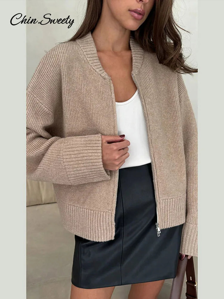 Knit Zipper Cardigan for Loose O Neck Long Sleeve Sweater Top Female Fall Winter All-matching Knitwear