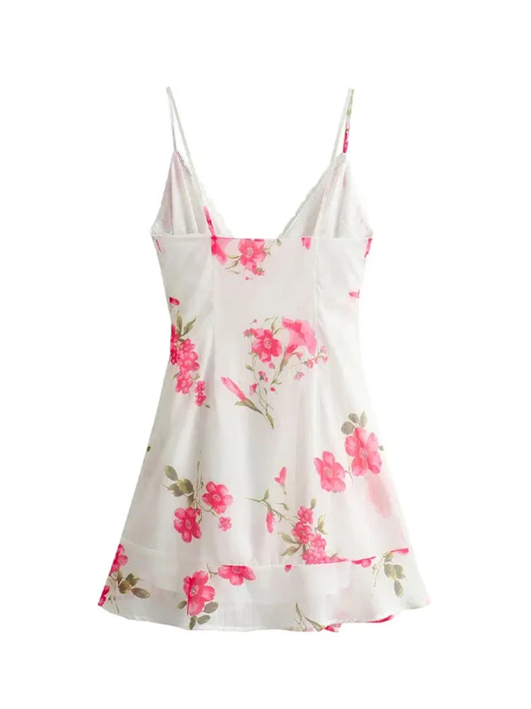 Summer Mini Dress Woman Print Vneck Slip Dresses Female Spaghetti Strap Laceup Slim Dress