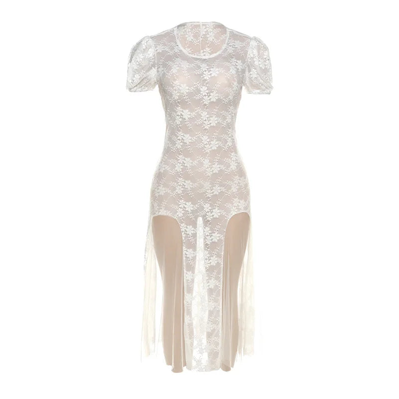 Y2k Fairycore See Through Lace Mesh White Dress Summer Retro Puffy Short Sleeve Long Dresses Coquette