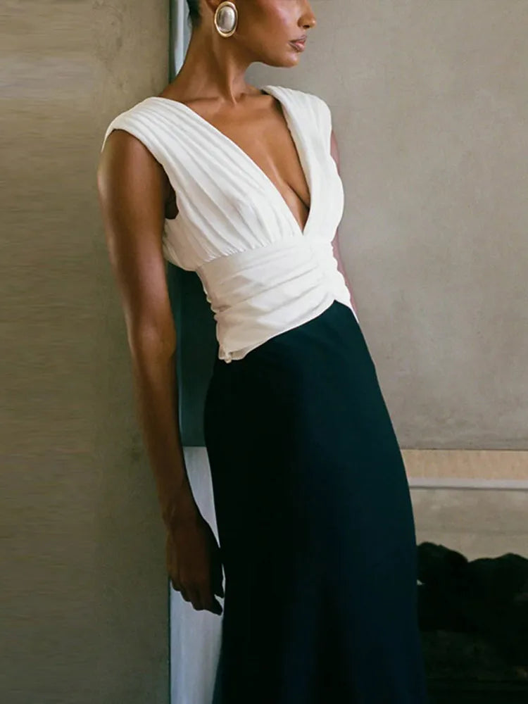Deep V-neck Patchwork Long Dress Pleated Sleeveless Slim Fit Dresses Female Spring Street Office