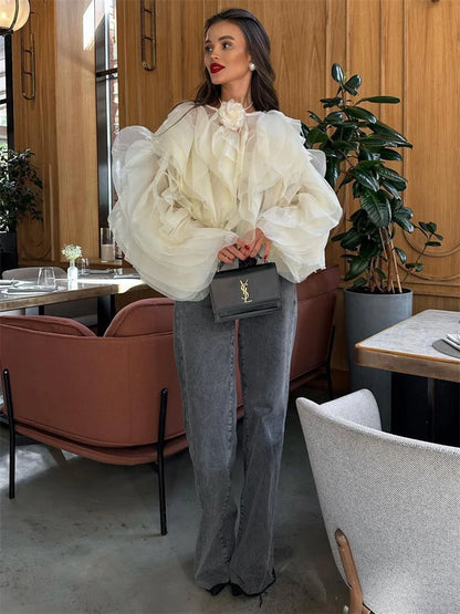 Patchwork Ruffled White Shirts for High Waist Long Sleeve Blouse Top