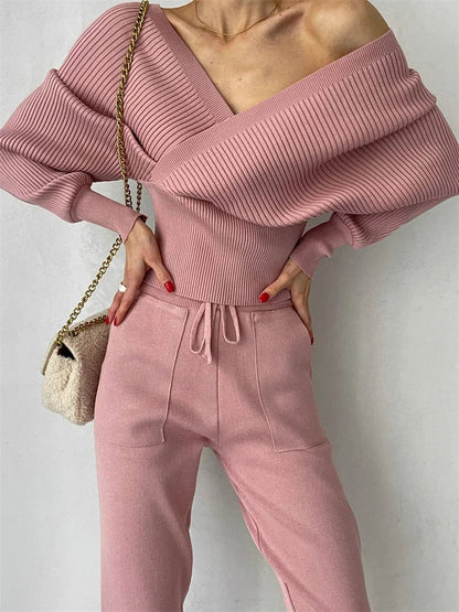 Knit Vneck Pullover 2 Pieceset for Patchwork Sweater and High Waist Drawstring Pants Sets Outfits