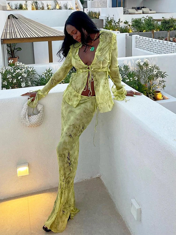 Y2k Mesh Green Bodycon Maxi Dress