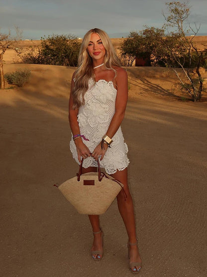 Knit 3d Flower Mini Dress Slim Hollow Out Hip Package Skew-collar Halter Beach Dresses Holiday Party Lady Robe