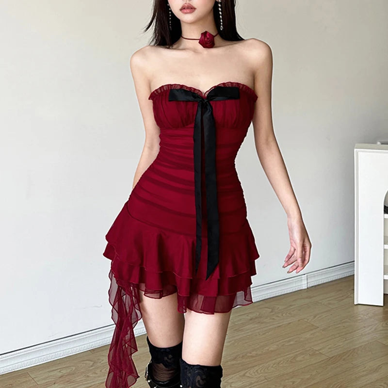 Milkmaid Tube Dress Red Contrast Color Bow Patchwork Strapless Tiered Ruffle Mini Dresses Holiday Party Robe