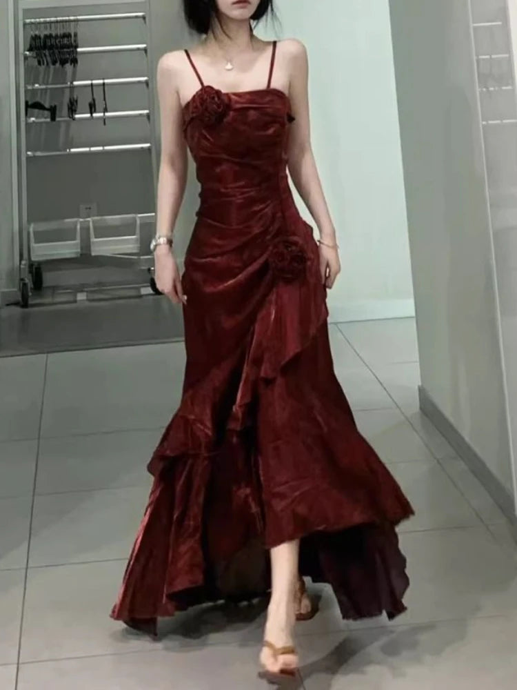 Korean Velvet Long Dress Slim Mermaid Spaghetti Strap Dress Evening Party Dress