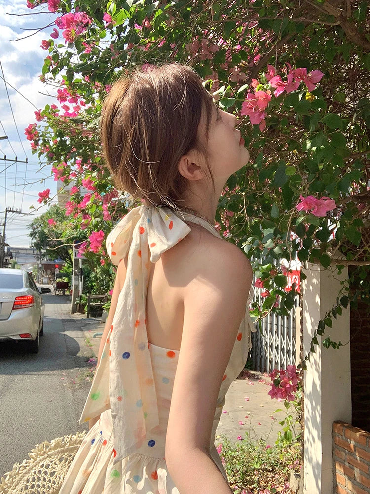 Summer New Sweet Kawaii Dots Mini Dress Retro Sleeveless One Piece Dress Japanese Style Even Party Dress