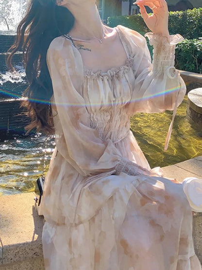 French Style Midi Dress Aline Chiffon Party Birthday Clothes Female Vestidos Spring